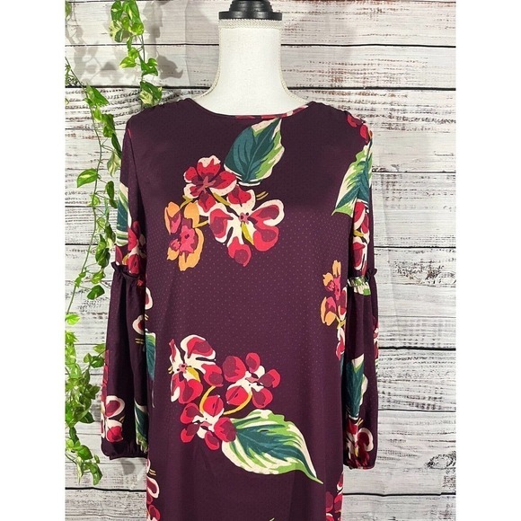 Ann Taylor Loft Tunic Dress Small Burgundy Green Floral Tropical Wedding Church - Picture 2 of 9